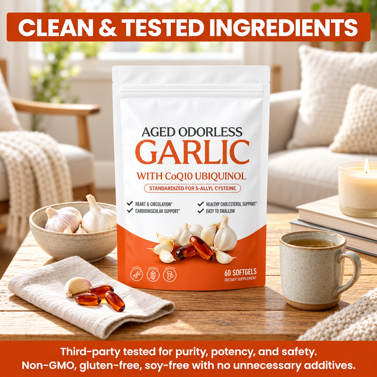 Garlic Extract 600mg Softgels-60ct,Odorless Aged Garlic Extra with CoQ10