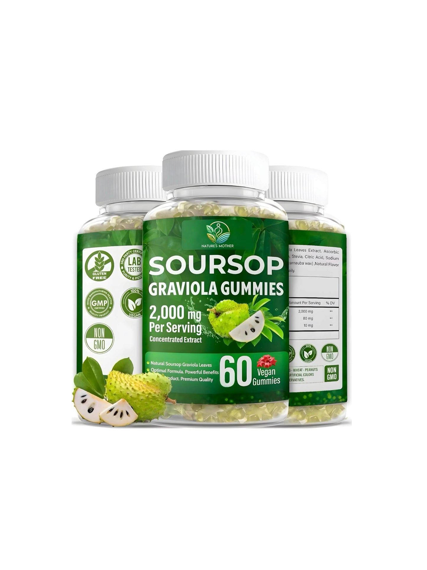 Three bottles of Soursop Graviola Gummies on a white background