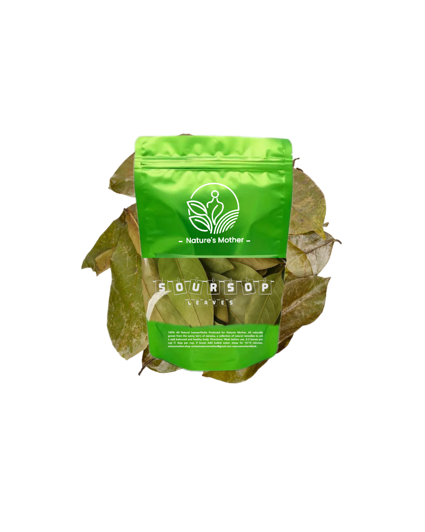 Green package of Soursop leaves with 'Nature's Mother' branding on a white background
