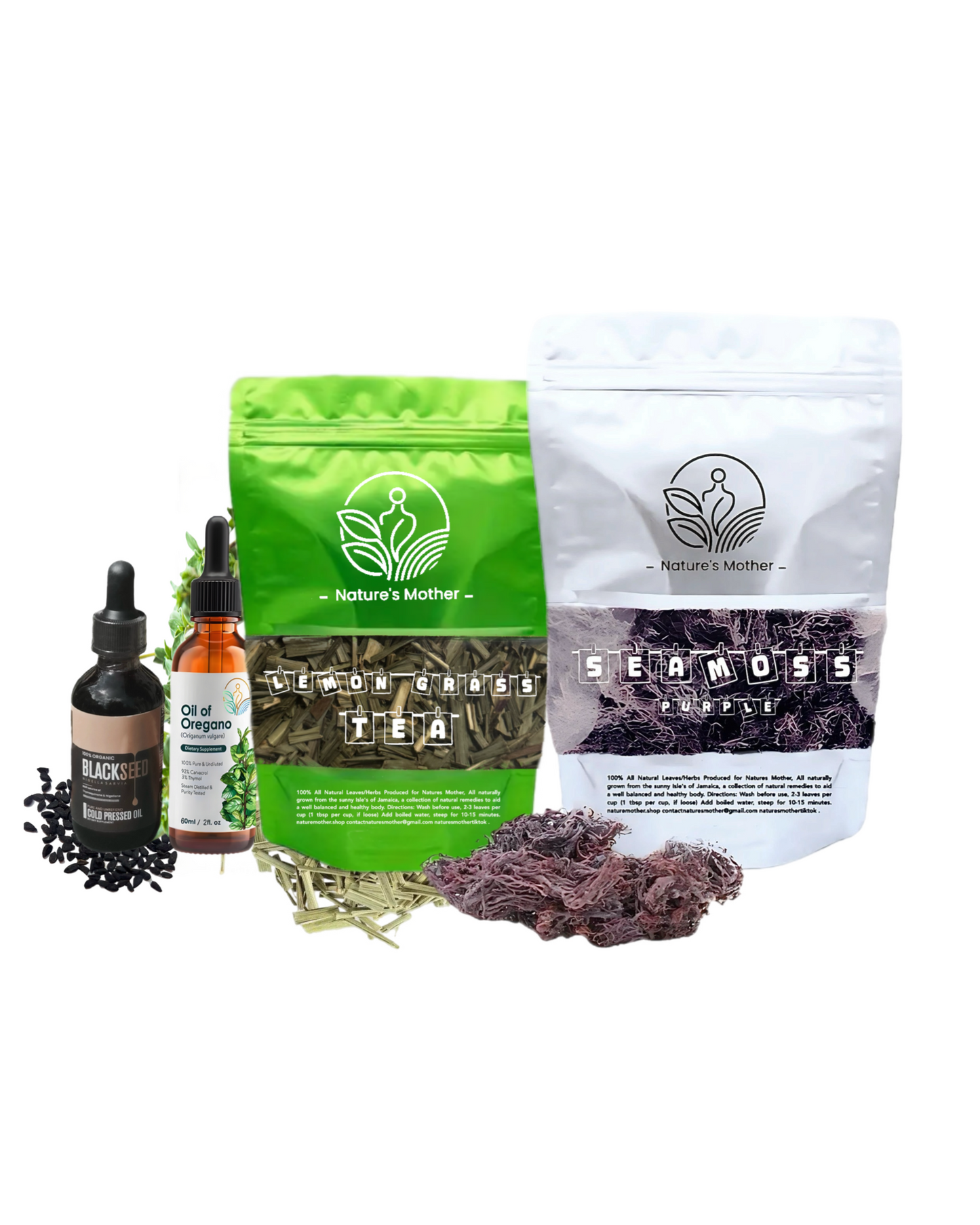 Collection of Nature's Mother products including tea, herbs, and oils on a white background