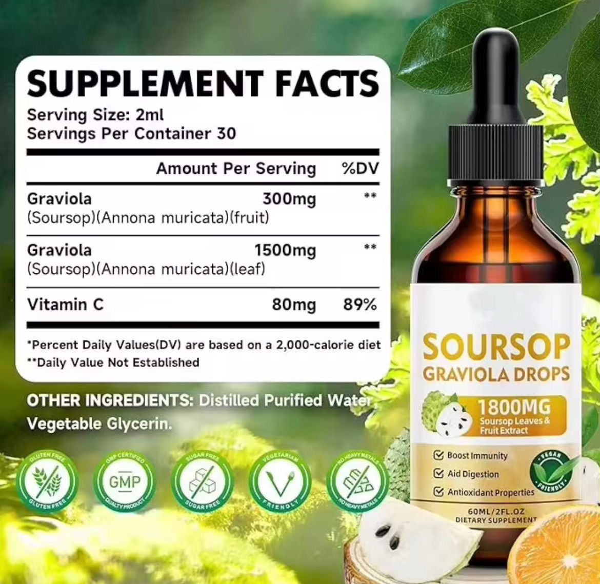 Pure Soursop Graviola Liquid Drops (Fruit & Leaf Herbal Extract) - Immune System Powerhouse