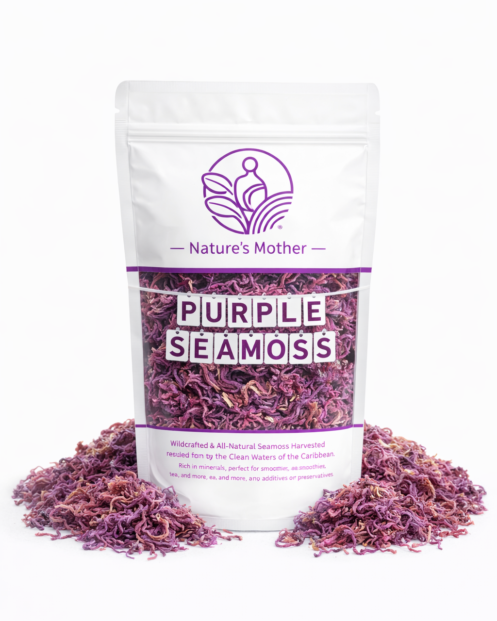 Bag of purple sea moss with 'Nature's Mother' branding on a white background