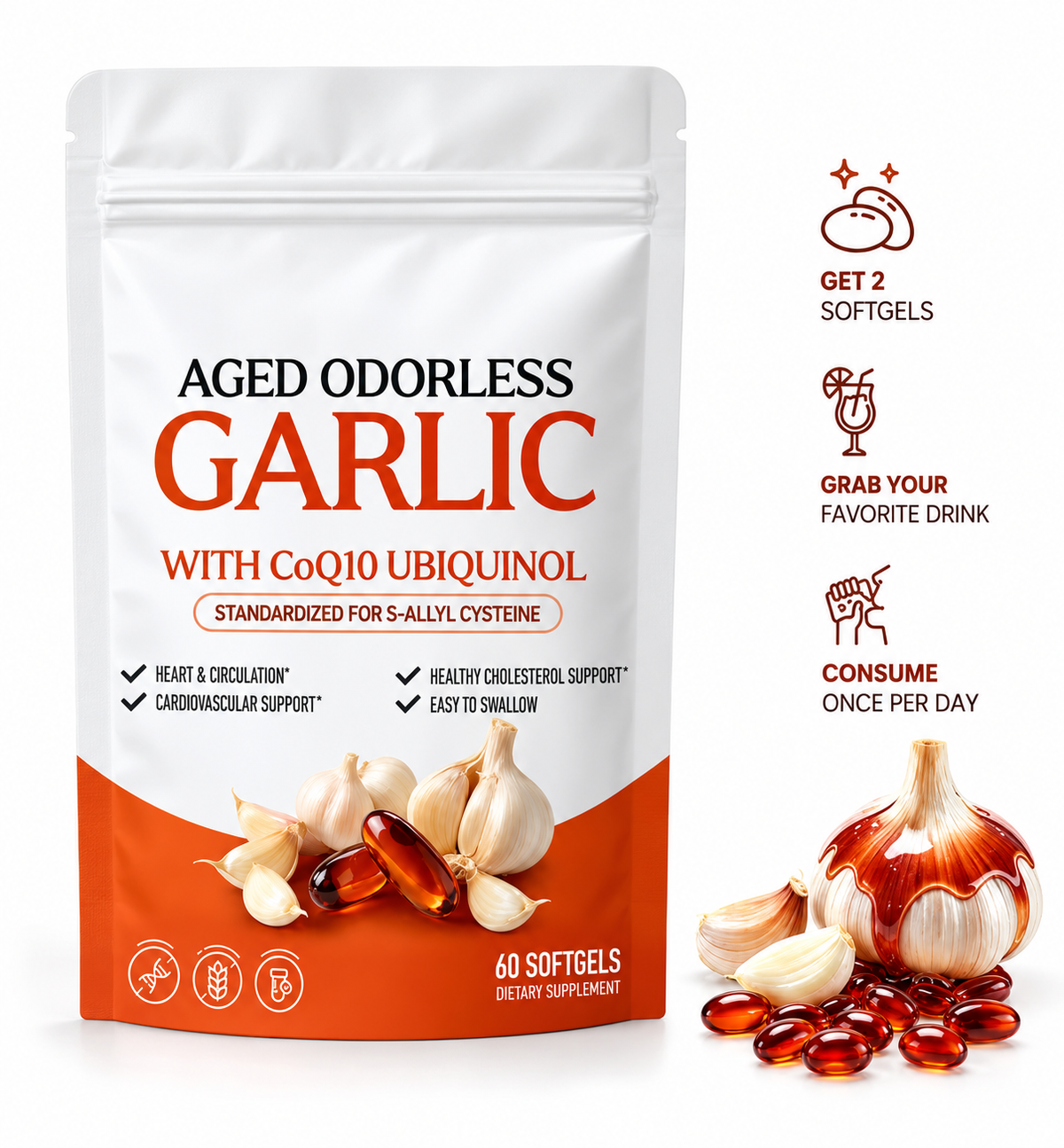 Garlic Extract 600mg Softgels-60ct,Odorless Aged Garlic Extra with CoQ10