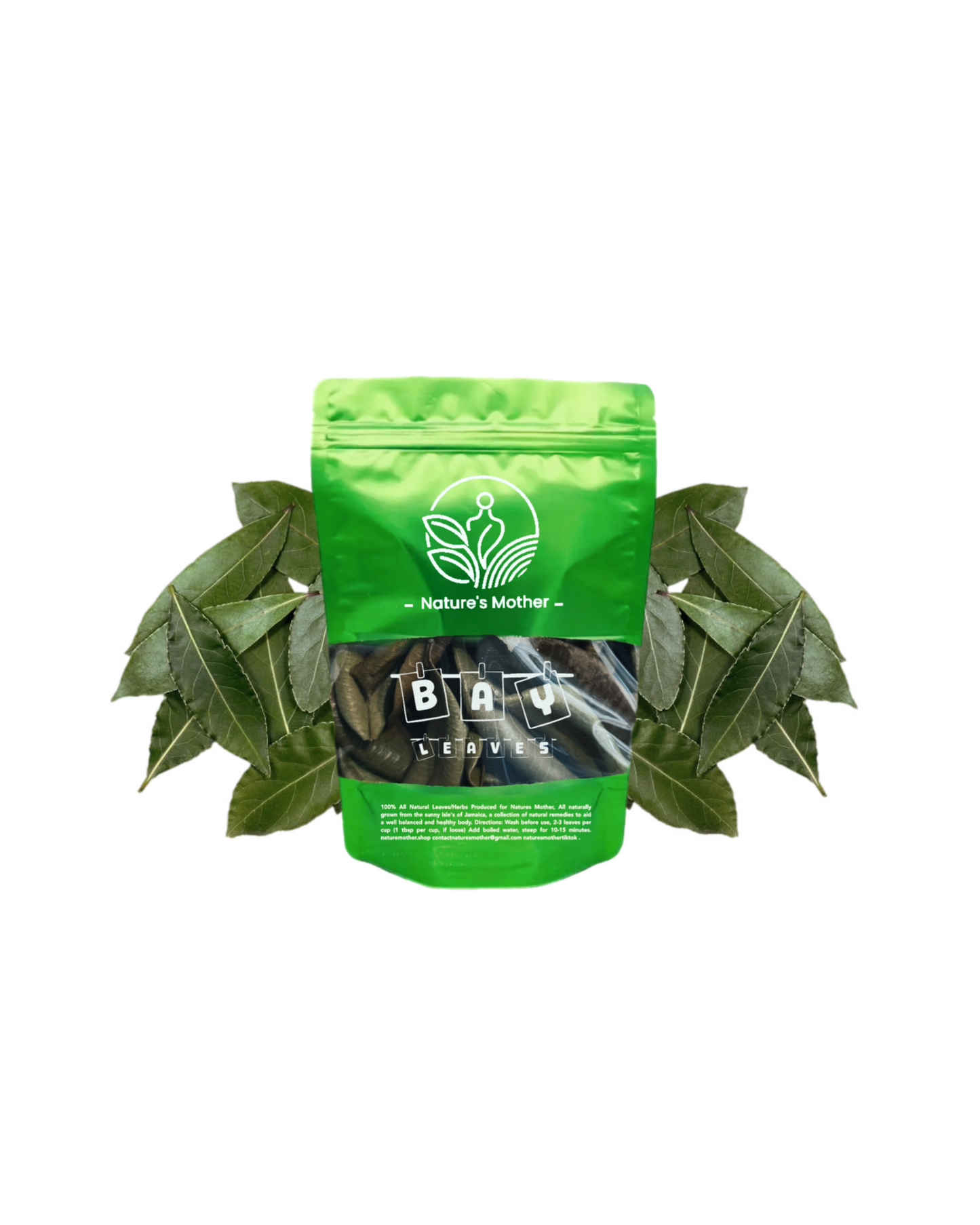 Green package labeled 'Nature's Mother' with leaves on a white background