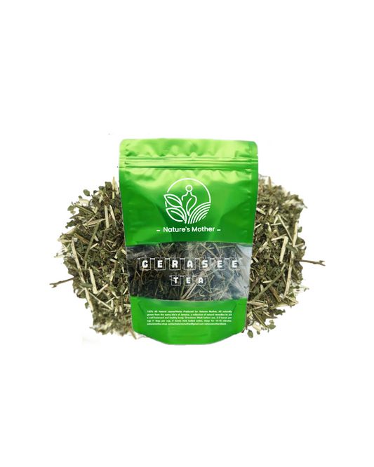 Green package of 'Nature's Mother' cleanse tea with dried herbs on a white background