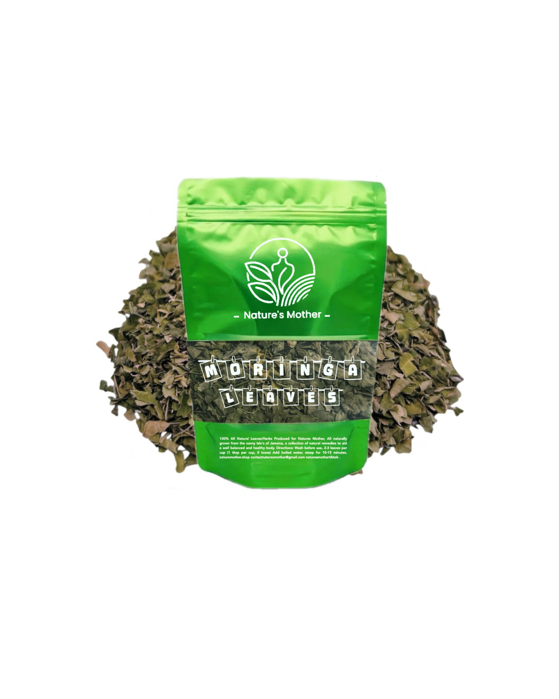Green package of Moringa Leaves with 'Nature's Mother' branding on a white background