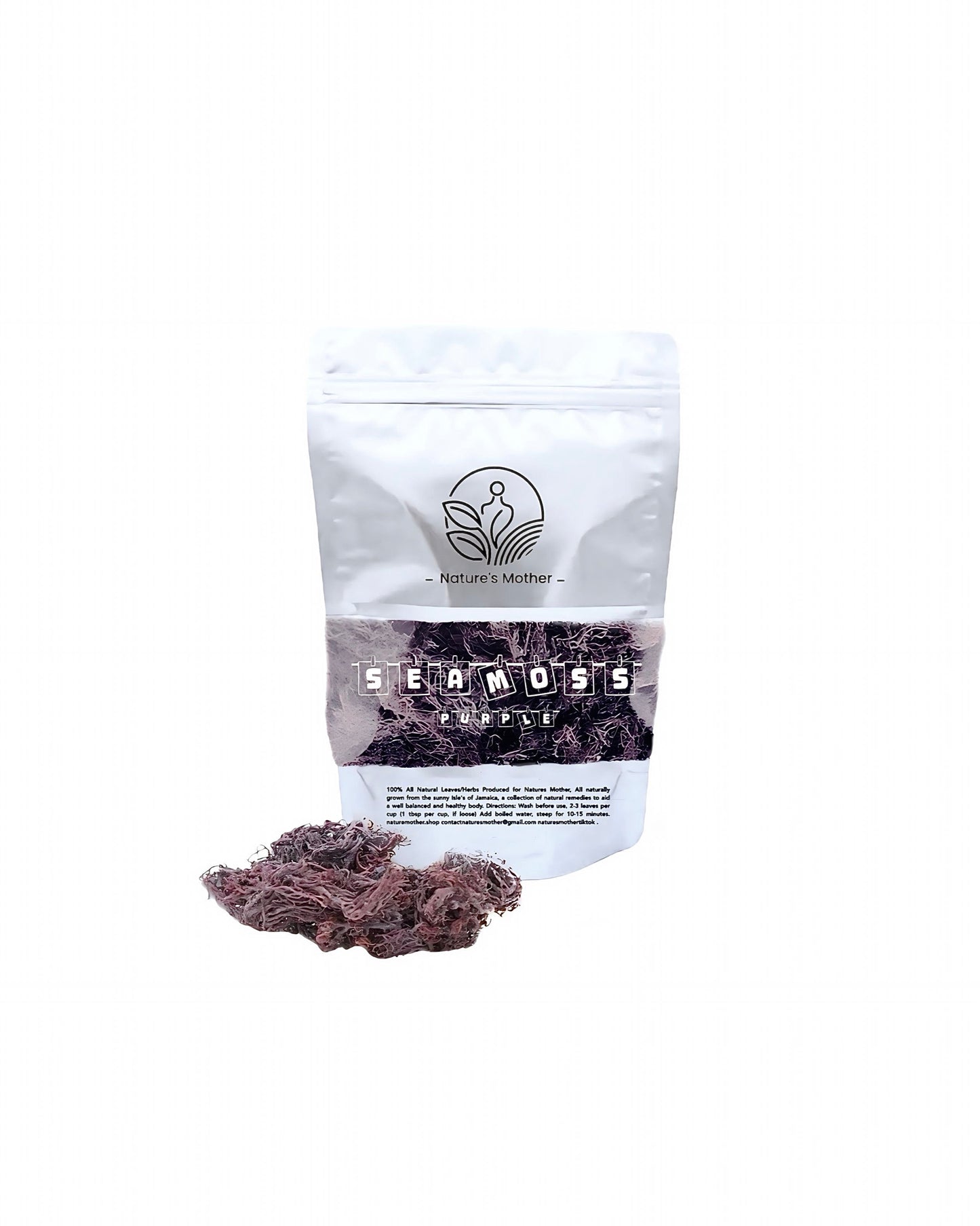 Bag of sea moss on a white background with a visible brand logo.