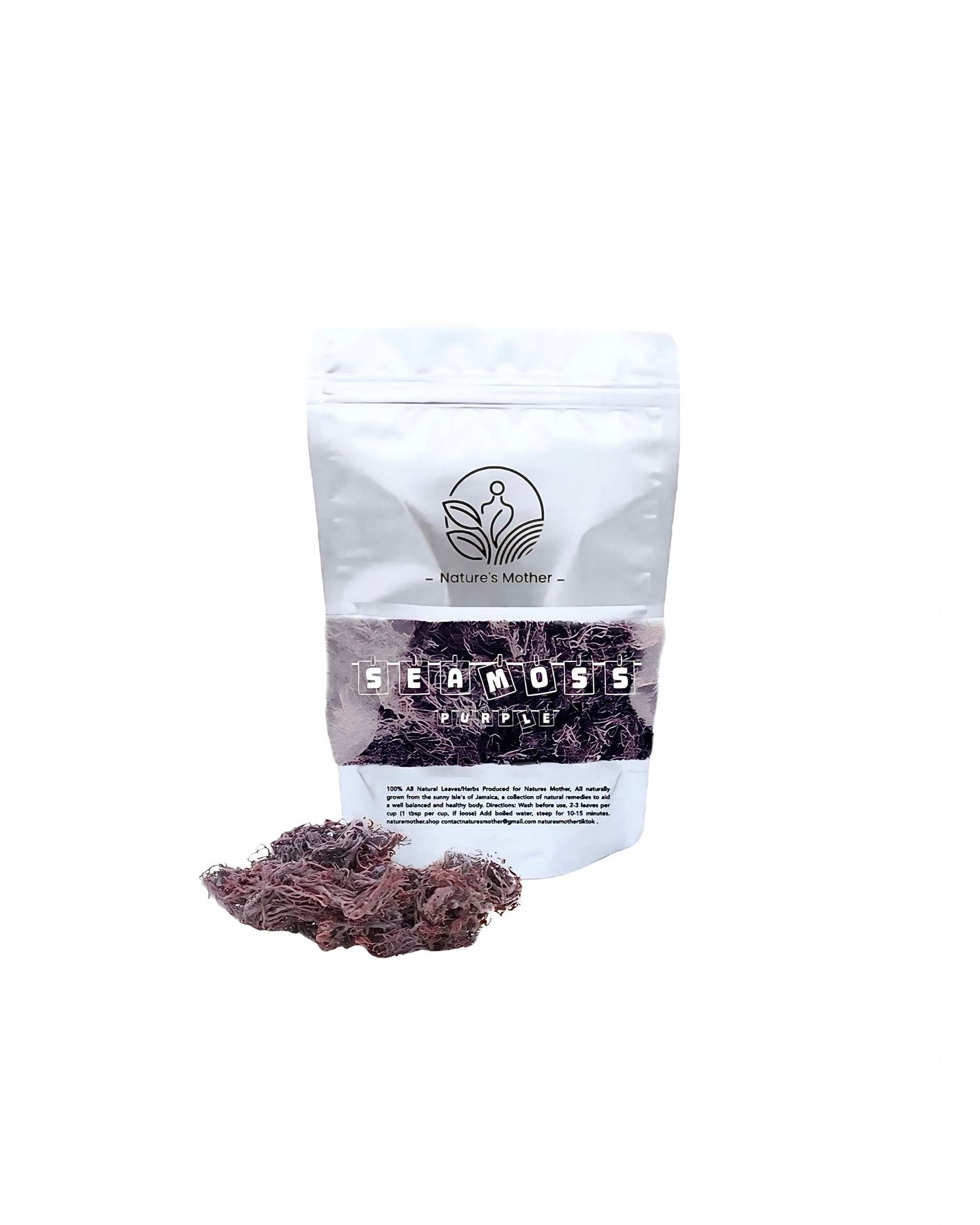 Bag of sea moss on a white background with a visible brand logo.