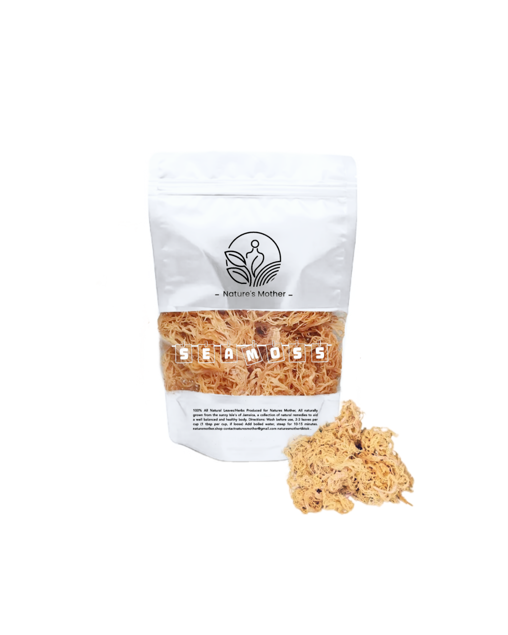 Bag of sea moss with a visible brand logo on a white background