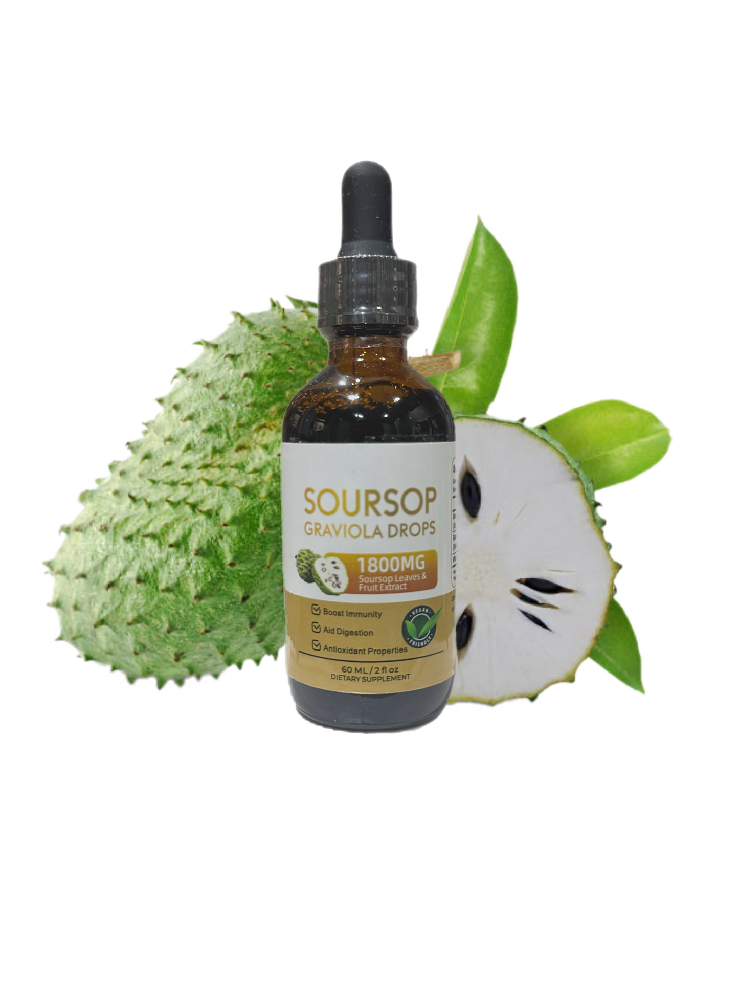 Soursop Graviola Drops bottle with soursop fruit on a white background