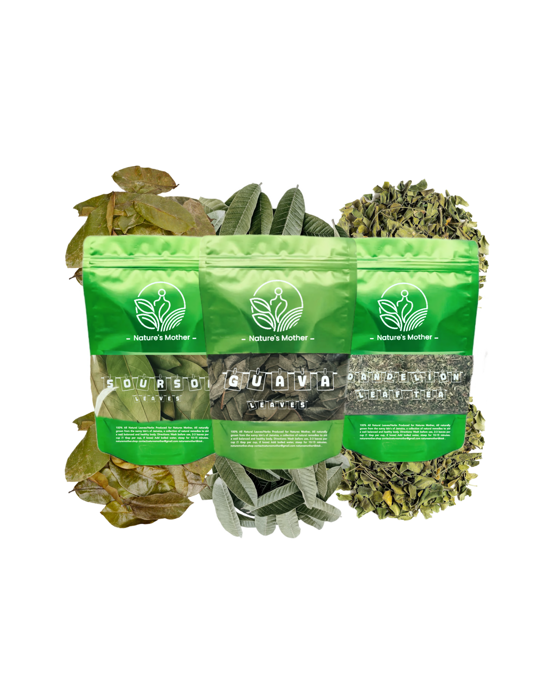 Three green packages of 'Nature's Mother' with dried herbs on a white background