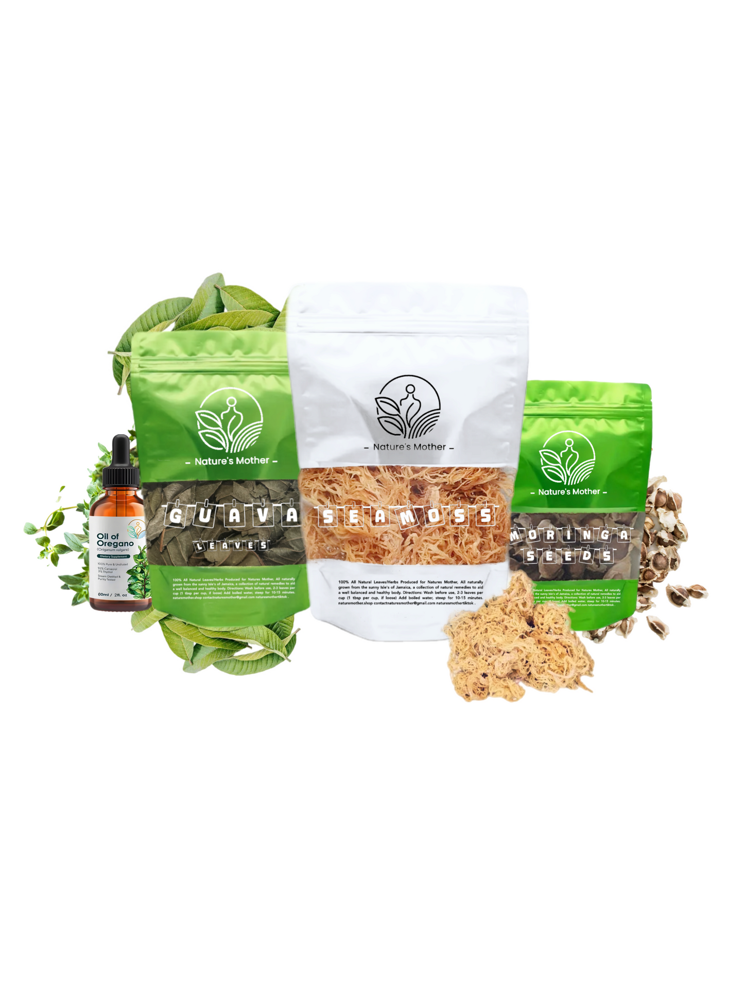 Collection of natural products including bags and a bottle on a white background