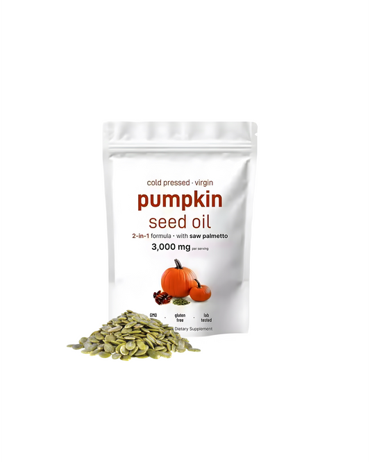 Bag of pumpkin seed oil with pumpkin seeds on a white background