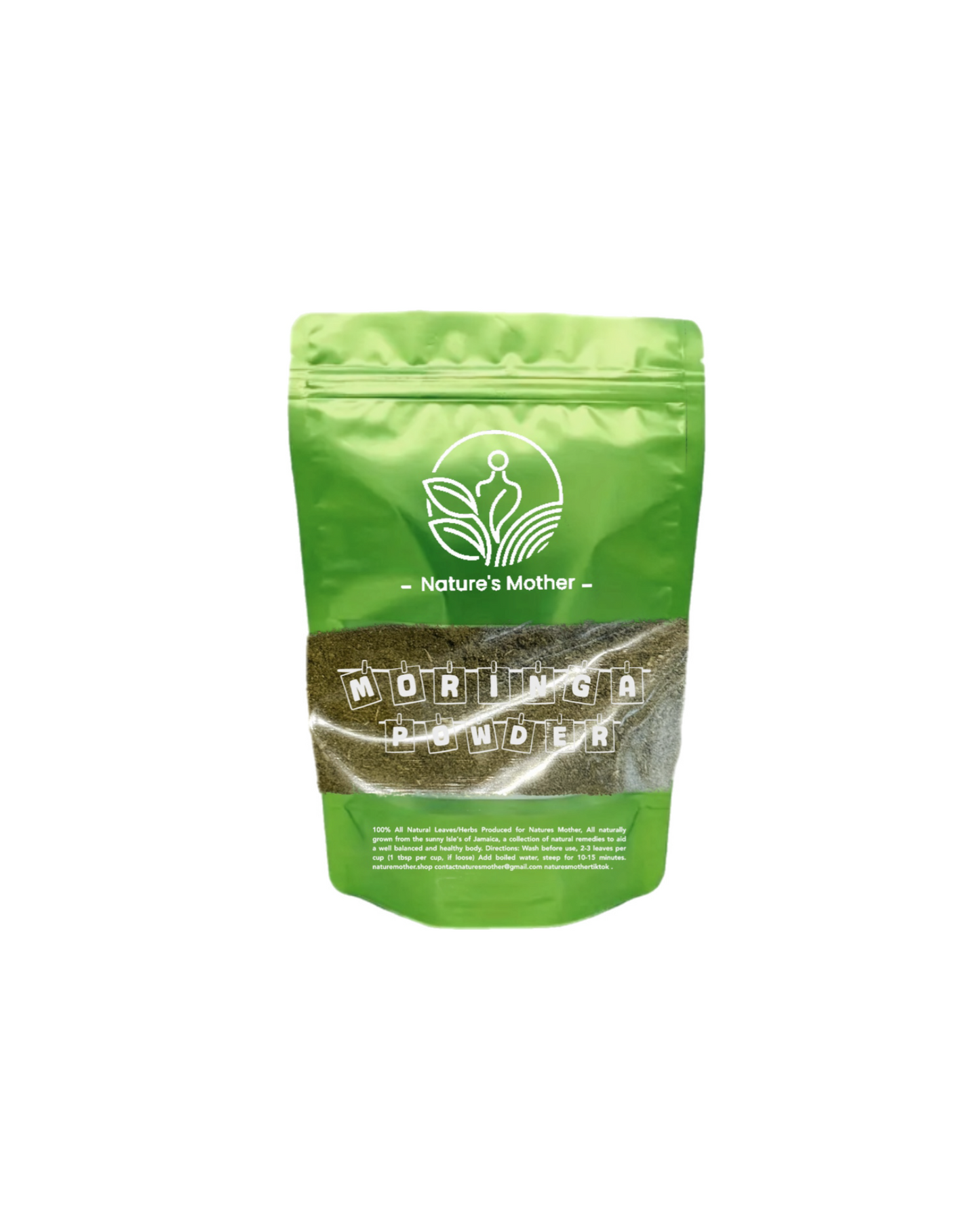 Green package of Moringa Powder by Nature's Mother on a white background