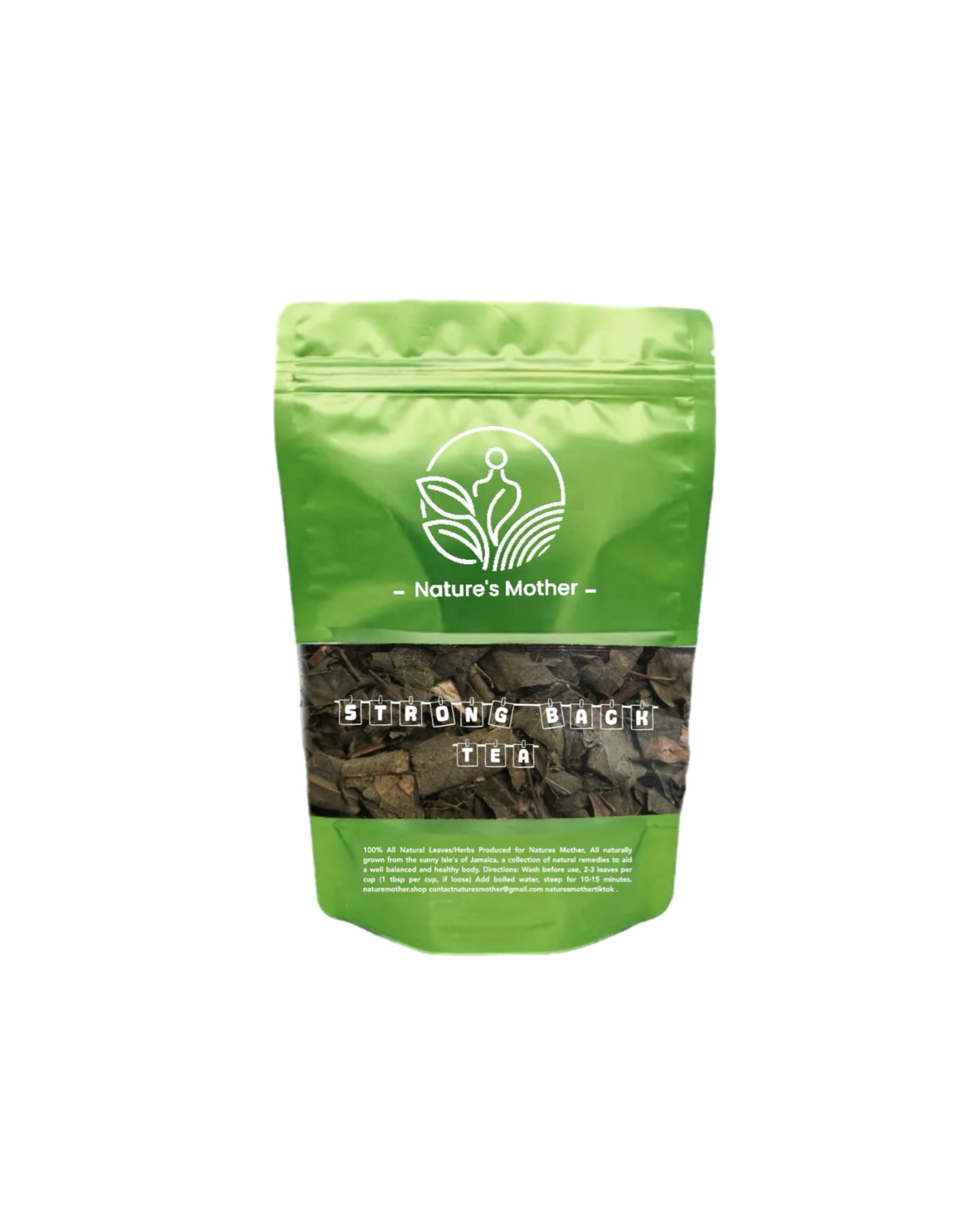 Green tea package with 'Nature's Mother' branding on a white background